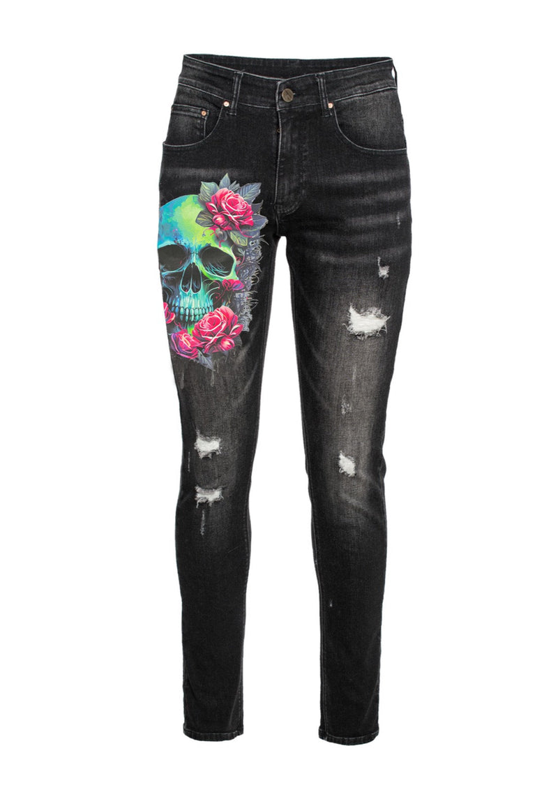 Skinny Denim with Skull print in black