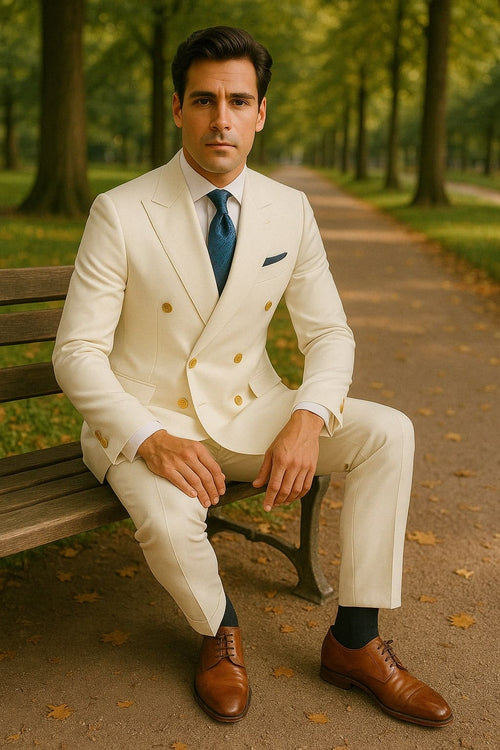 Mens White Double-Breasted Suit with Gold Buttons – Formal Slim Fit 2-Piece Set