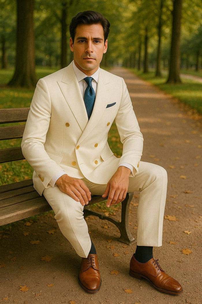 Mens White Double-Breasted Suit with Gold Buttons â€“ Formal Slim Fit 2-Piece Set