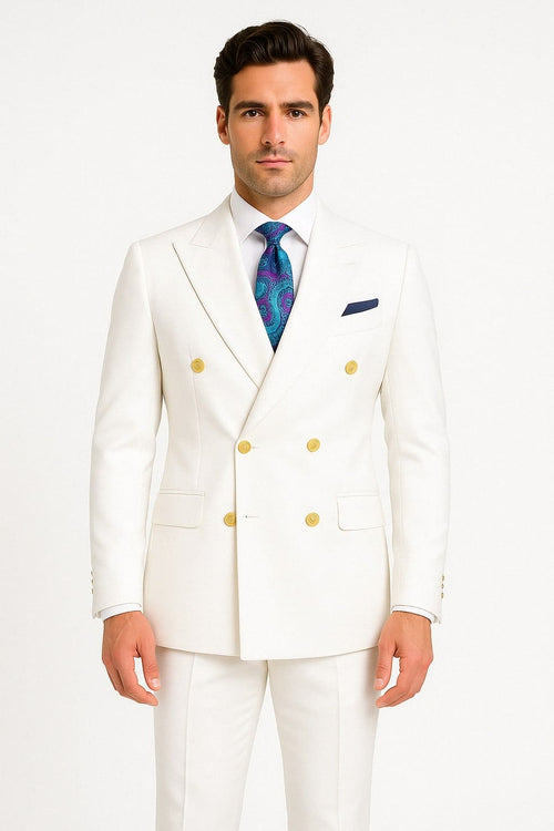 Mens White Double-Breasted Suit with Gold Buttons â€“ Formal Slim Fit 2-Piece Set
