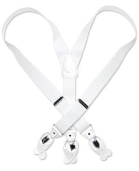 Solid White Suspenders For Men Elastic Y-Back Button & Clip-On Man's