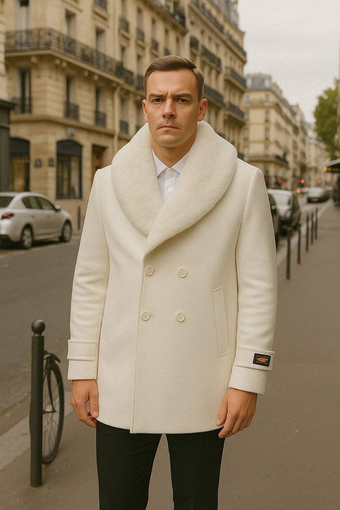 Men's white peacoat with a double-breasted design, soft collar, and fitted silhouette. Features side pockets, button closure, and textured wool blend. Clean, minimalist look with a sleeve logo.

