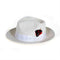 Men's white wool felt fedora with wide brim & tapered crown. Features a white satin band and red/black feather accent. Classic, structured design.
