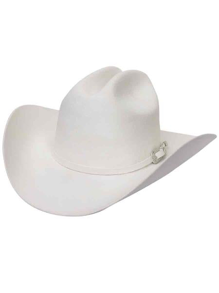 Lana Blanco white cowboy hat: classic shape, high crown, wide brim. Smooth white material with a silver buckle detail.
