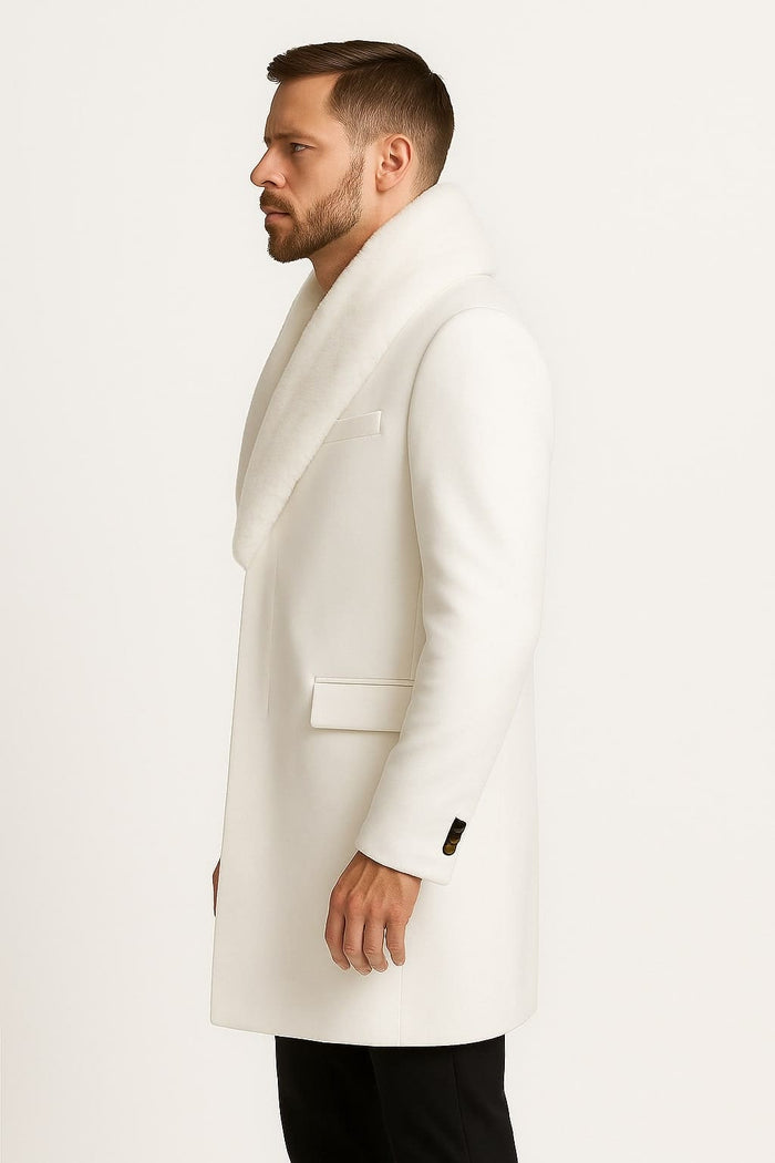 Mens White Wool Overcoat with Plush Faux Fur Shawl Collar â€“ Alberto Nardoni Formal Winter Coat