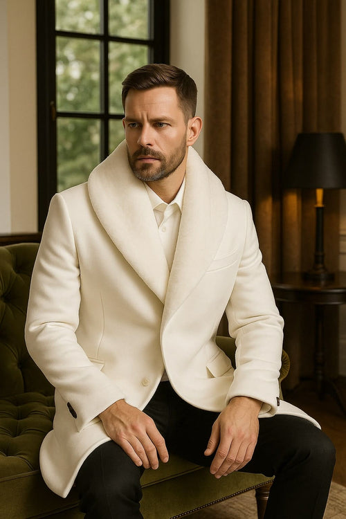 Mens White Wool Overcoat with Plush Faux Fur Shawl Collar â€“ Alberto Nardoni Formal Winter Coat