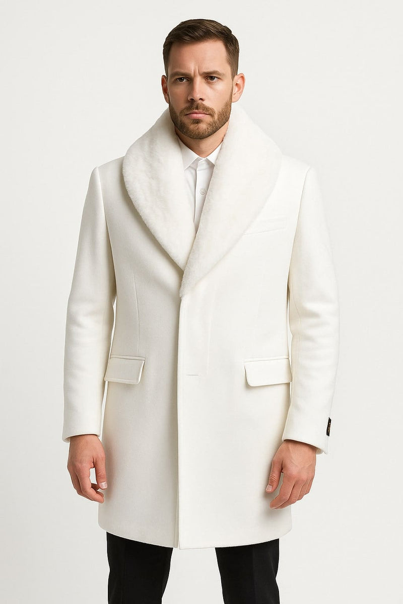 Mens White Wool Overcoat with Plush Faux Fur Shawl Collar â€“ Alberto Nardoni Formal Winter Coat