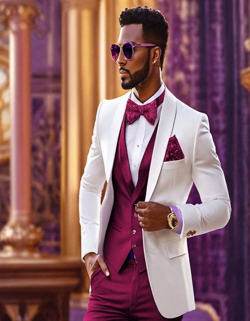 White and Burgundy Tuxedo Wedding Suit - White Dinner Jacket + Vest + Pants + Bow-tie