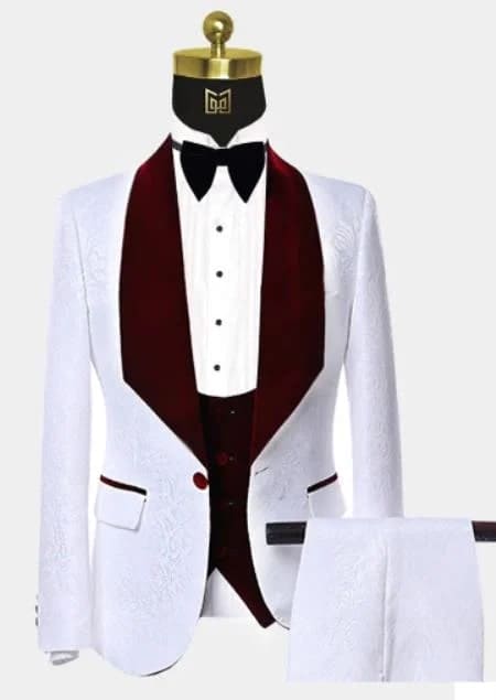 Men One Button Floral White and Burgundy Tuxedo 3 Piece