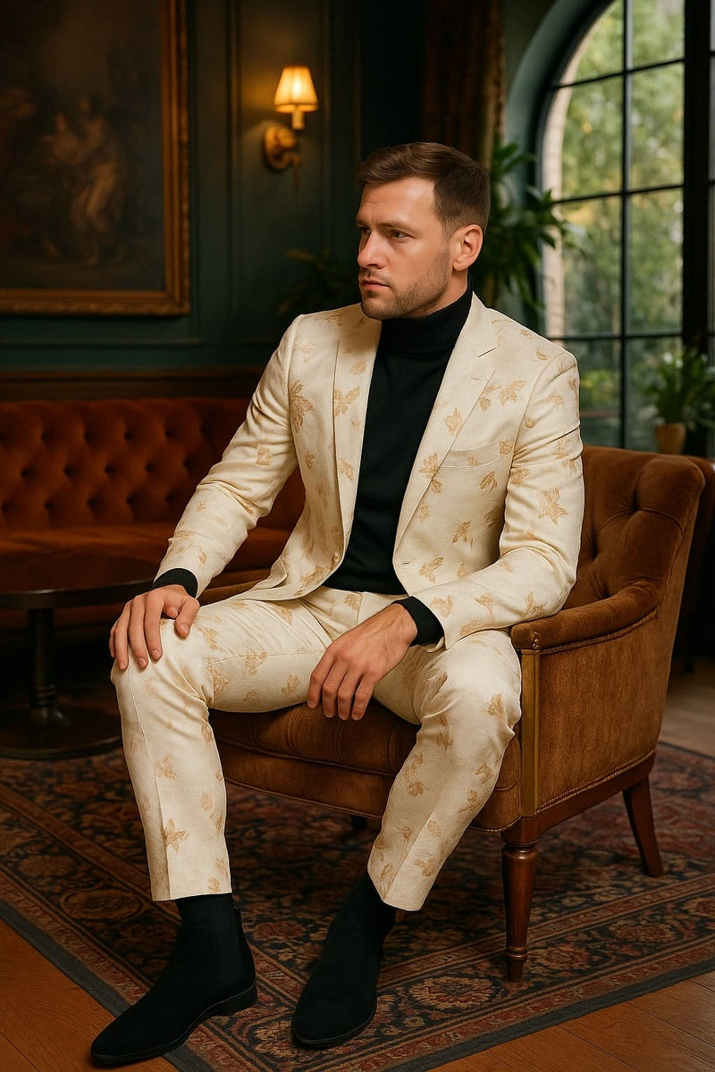 Mens White and Gold Embroidered Floral Suit â€“ Prom Tuxedo Suit