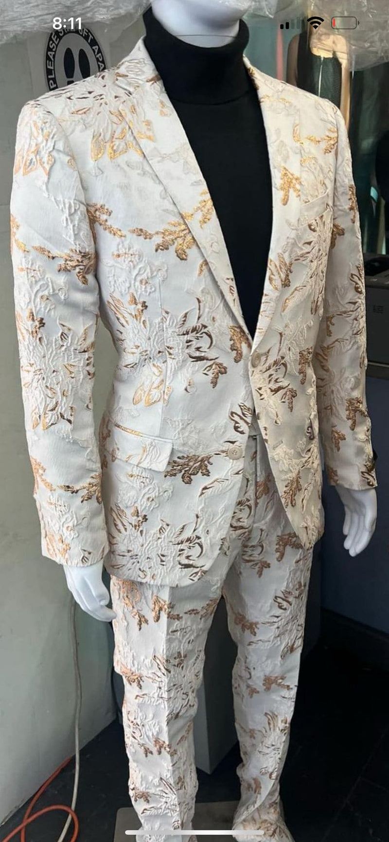 Mens White and Gold Embroidered Floral Suit â€“ Prom Tuxedo Suit