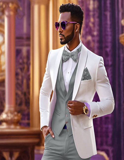 White and Light Grey Tuxedo Wedding Suit - White Dinner Jacket + Vest + Pants + Bow-tie