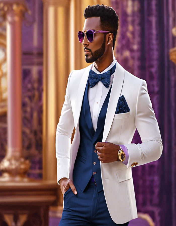Men’s White and Navy Blue Wedding Suit, White Dinner Jacket with Navy Vest, Pants and Bow Tie