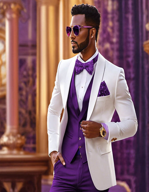 White and Purple Tuxedo Wedding Suit - White Dinner Jacket + Vest + Pants + Bow-tie
