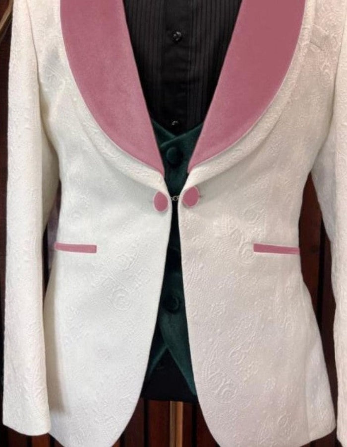 White and Rose Gold Tuxedo Suit - Wedding Groom Vested Suit