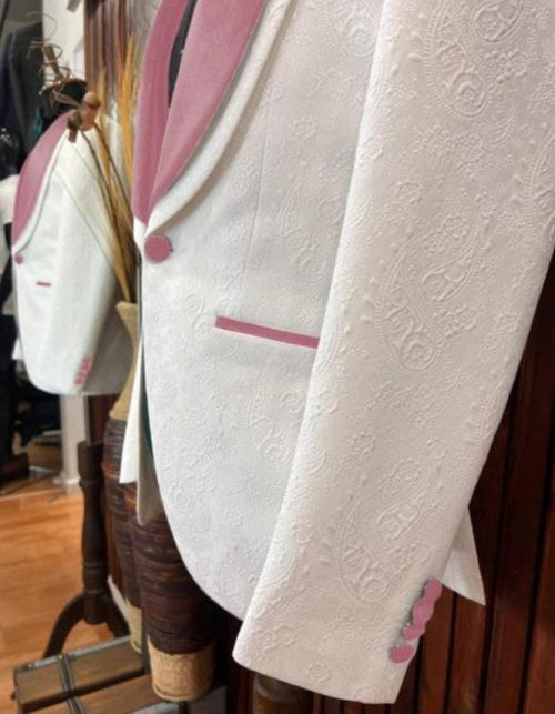 White and Rose Gold Tuxedo Suit - Wedding Groom Vested Suit