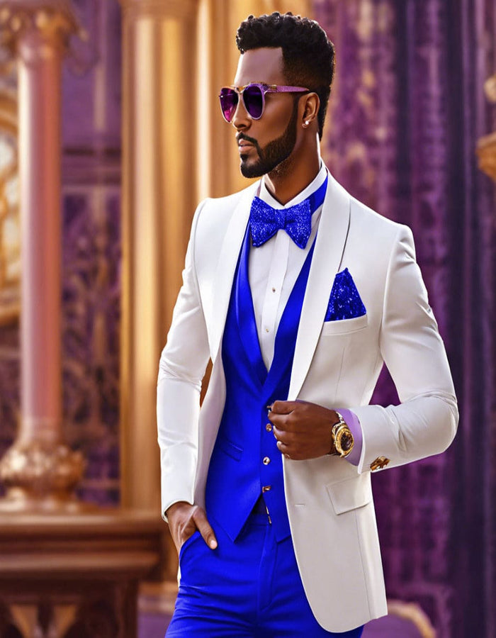 White and Royal Blue Wedding Suit – White Dinner Jacket, Vest, Pants & Bow Tie