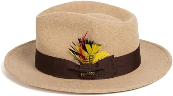 Gangster 100% Australian Wool Crushable Mens Fedora Hat - Removable Feather Gangster Beige Melange Mens Fedora Hat