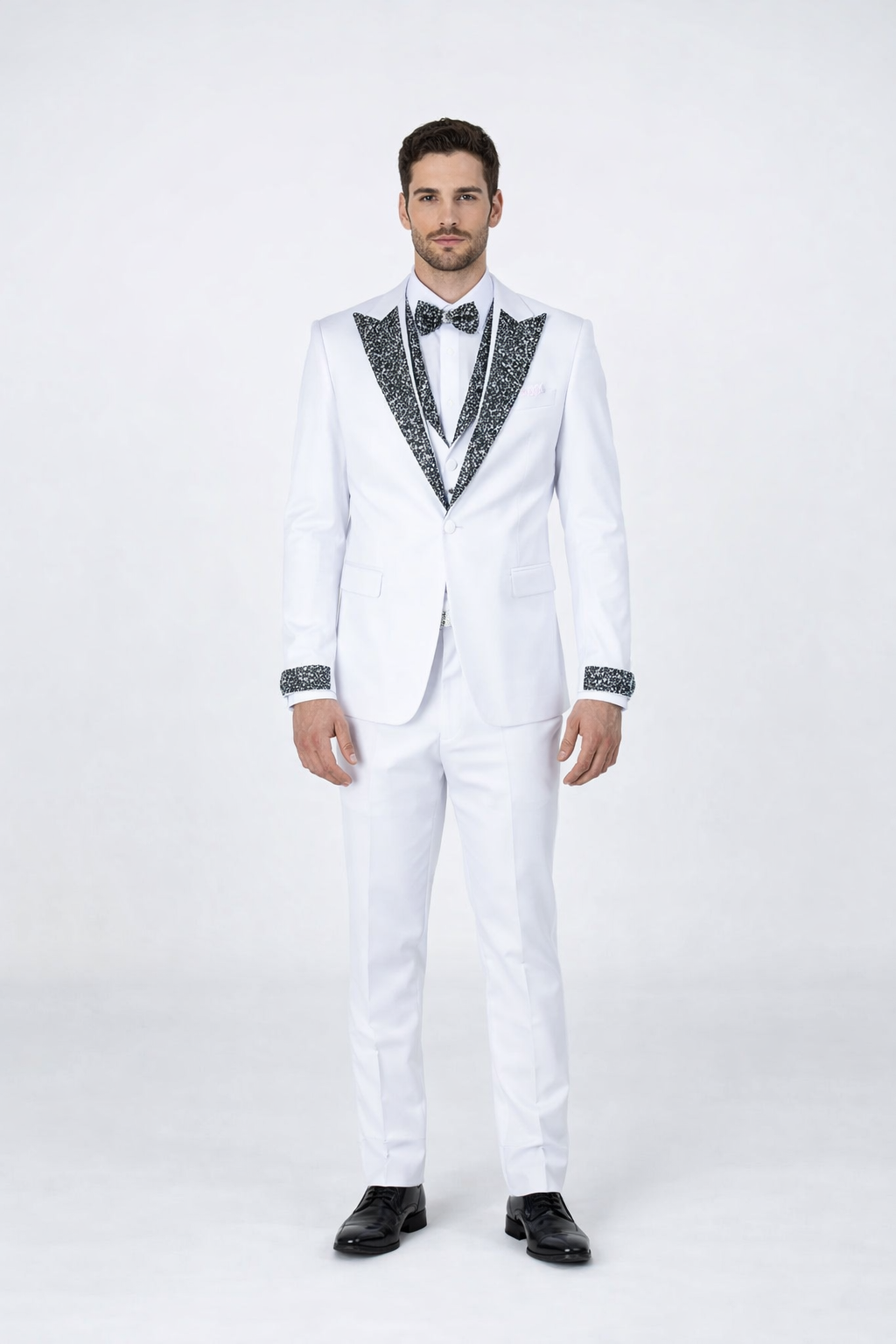 Men’s White Prom & Wedding Tuxedo with Stones – Peak Lapel 4-Piece