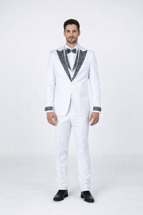Men’s White Prom & Wedding Tuxedo with Stones – Peak Lapel 4-Piece