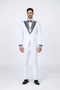 Elegant men's white tuxedo. Tailored fit, single-breasted jacket with black stone accents on lapels, cuffs, and bow tie. Smooth, glossy fabric. Includes matching trousers and polished black shoes.
