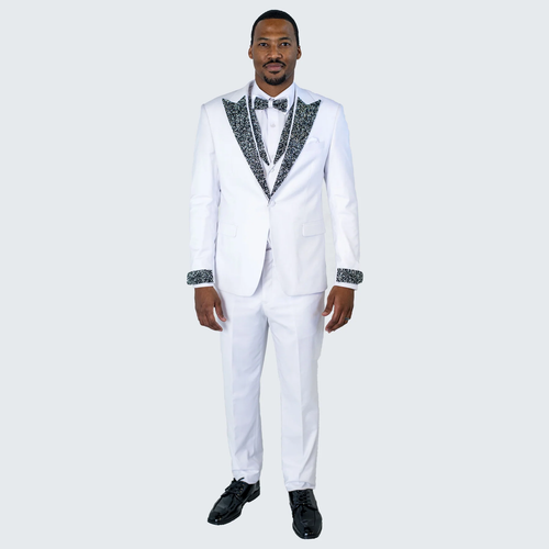 Men’s White Prom & Wedding Tuxedo with Stones – Peak Lapel 4-Piece