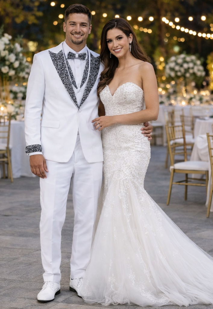 Men's white tuxedo: fitted, single-breasted jacket with stone-embellished shawl lapels & cuffs. Matching white pants, streamlined look. Includes a white bow tie.
