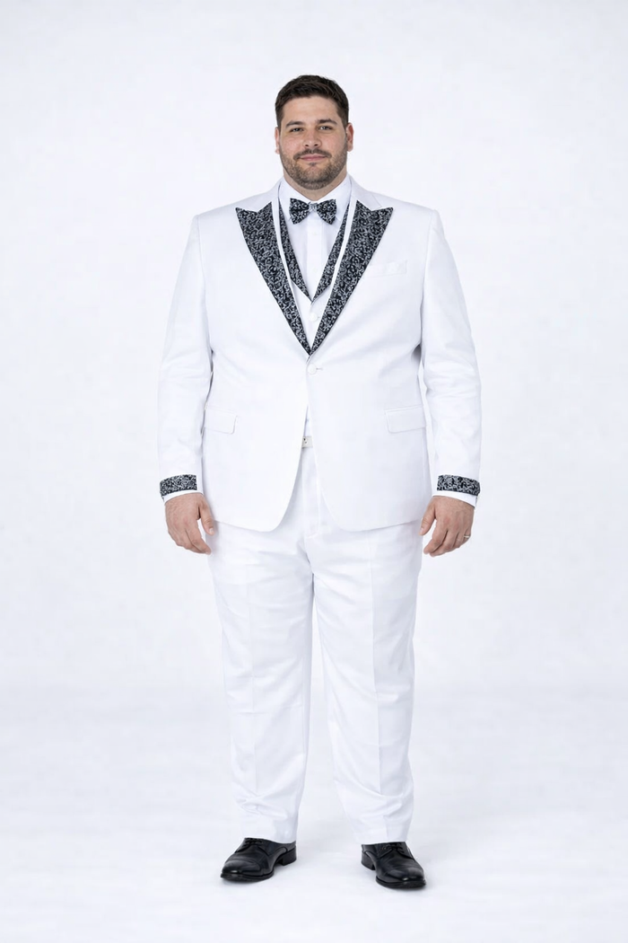 White tuxedo with structured cut, black stone lapel/pocket embellishments, and matching trousers. Bow tie mirrors lapel design. Classic and tailored for prom/wedding.
