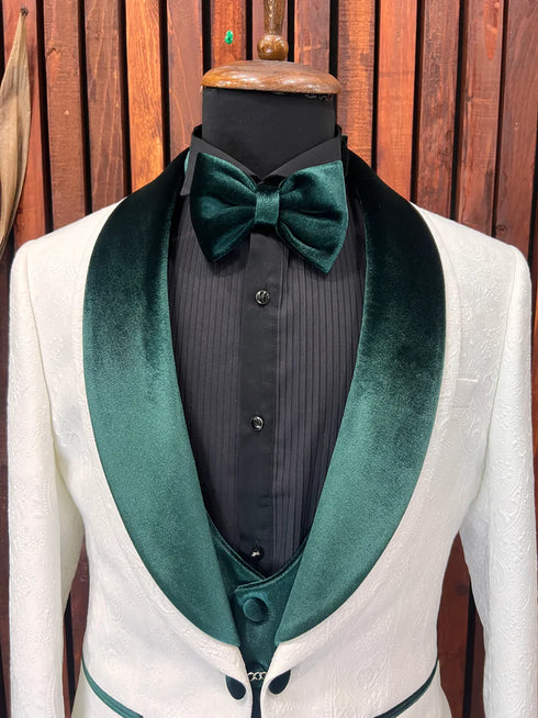 Mens white tuxedo with Green velvet lapel Slim fit 3 piece Tuxedo | Premium