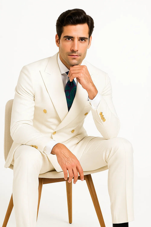 White Double-Breasted Suit with Gold Buttons 