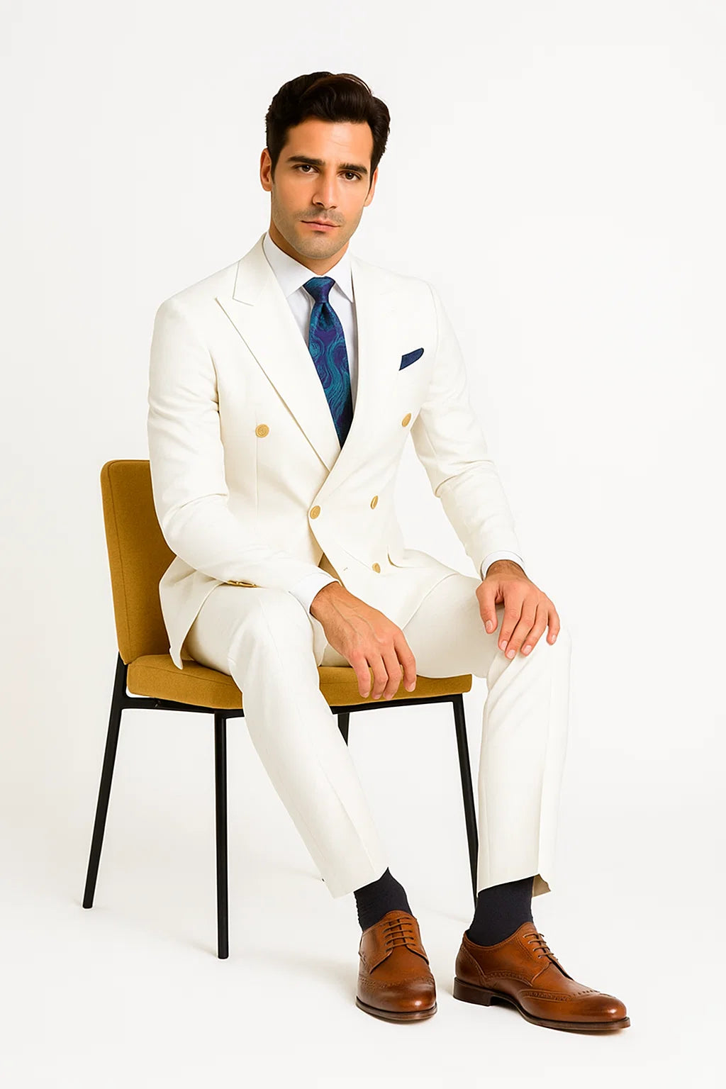 White Double-Breasted Suit with Gold Buttons 