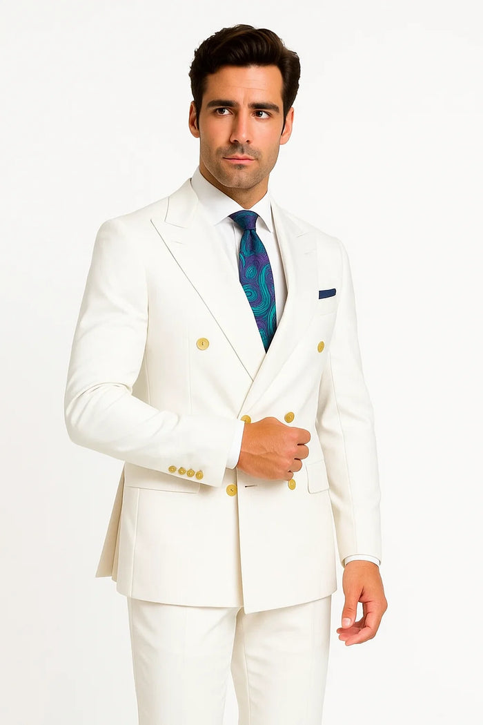 White Double-Breasted Suit with Gold Buttons 