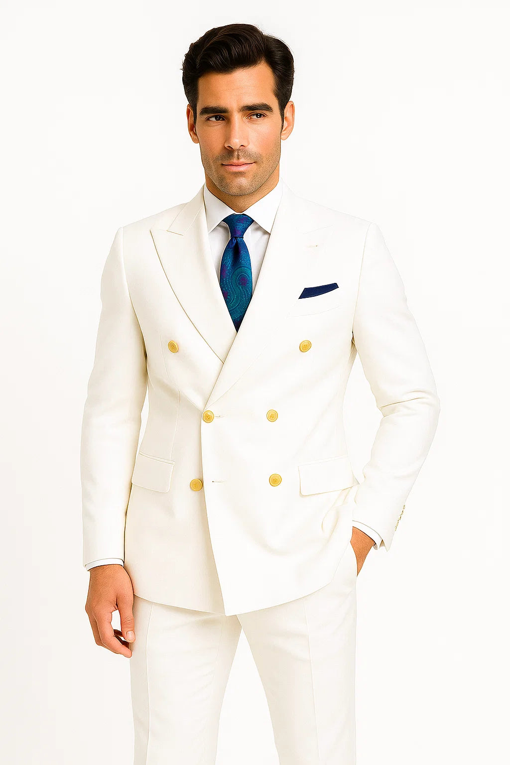 White Double-Breasted Suit with Gold Buttons 