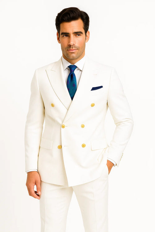 White Double-Breasted Suit with Gold Buttons 