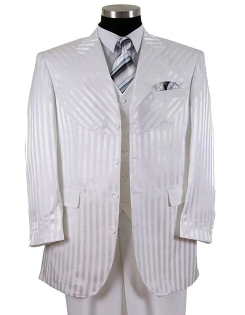 Mens 4 button Semi Wide Leg Shiny Tonal Stripe Fashion White Suit