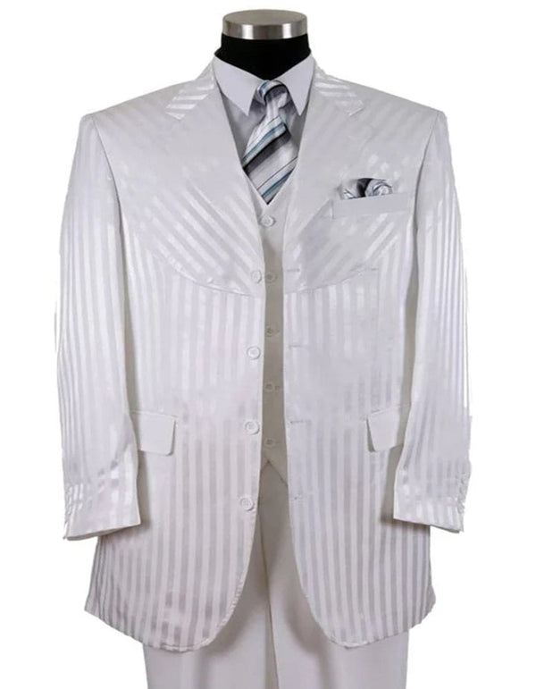 Mens 4 button Semi Wide Leg Shiny Tonal Stripe Fashion White Suit