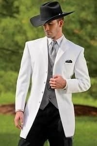 White Western Tuxedo - For Groom - White Dinner Jacket + Chest Pocket Black Pants