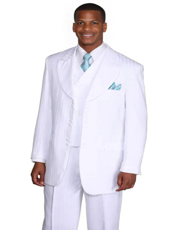 Mens Fashion Slanted Vested Peak Lapel Tonal White Pinstripe Suit