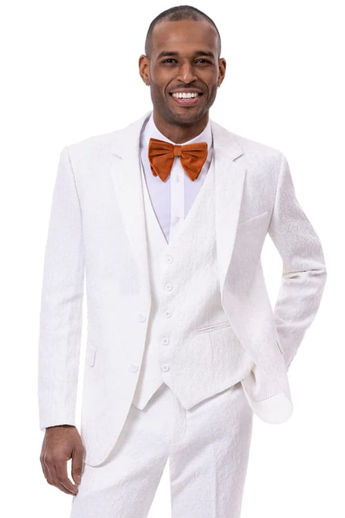 Mens Two Buttons Vested Paisley White Fashion Suit