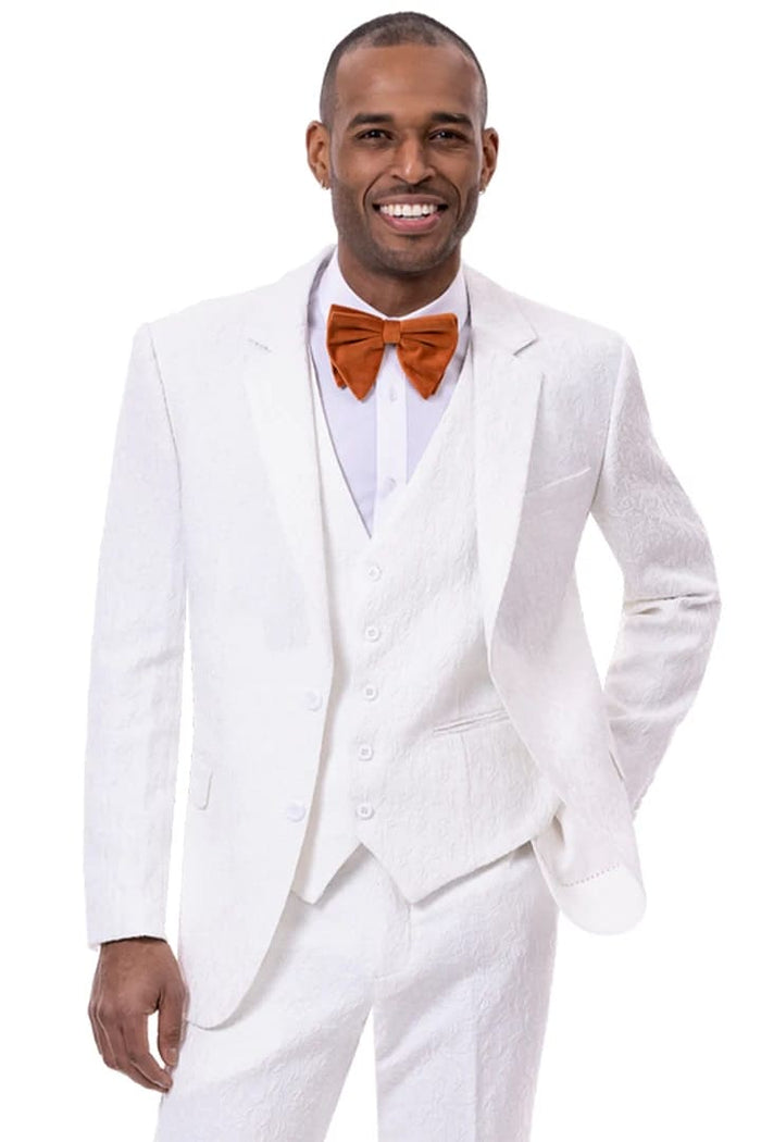 Mens Two Buttons Vested Paisley White Fashion Suit