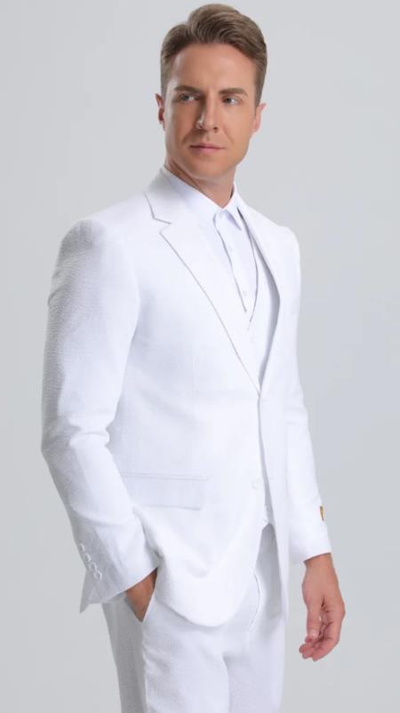 Men's Notch Label Orange Colour Summer Seersucker Fabric Jacket + Pants 3 Piece Suit