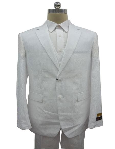 Men's Notch Label White Colour Summer Seersucker Fabric Jacket + Pants 3 Piece Suit