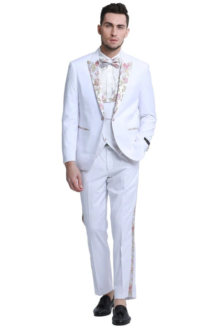 Men's One Button Vested Prom & Wedding Peak Lapel White Tuxedo