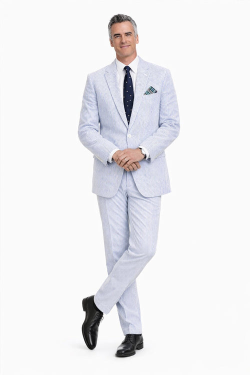 Men’s White and Black Seersucker Suit – Classic Lightweight Striped Summer Suit for Weddings and Formal Events