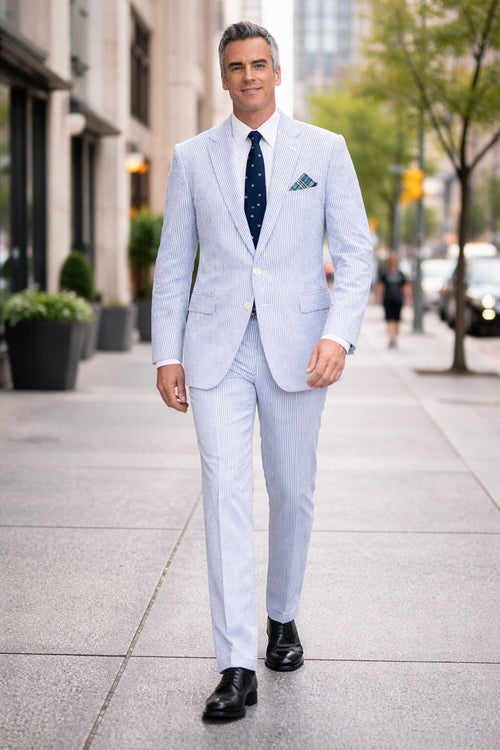 Men’s White and Black Seersucker Suit – Classic Lightweight Striped Summer Suit for Weddings and Formal Events