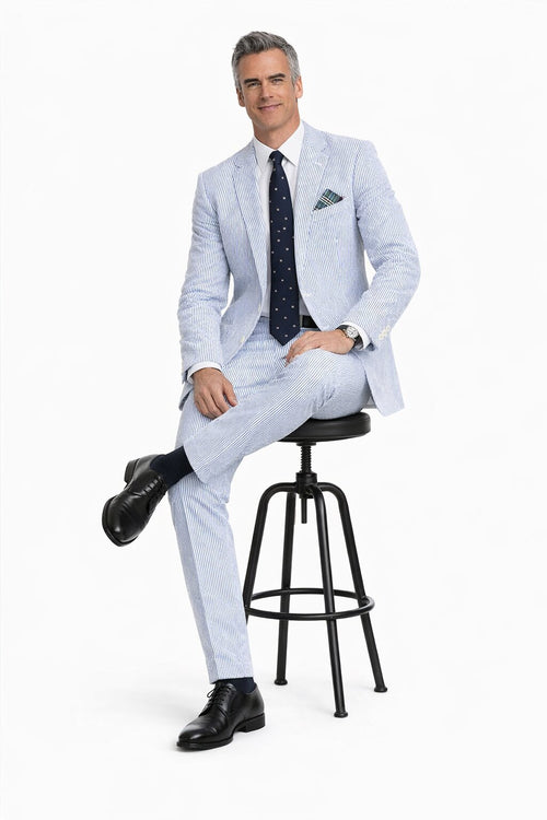 Men’s White and Black Seersucker Suit – Classic Lightweight Striped Summer Suit for Weddings and Formal Events