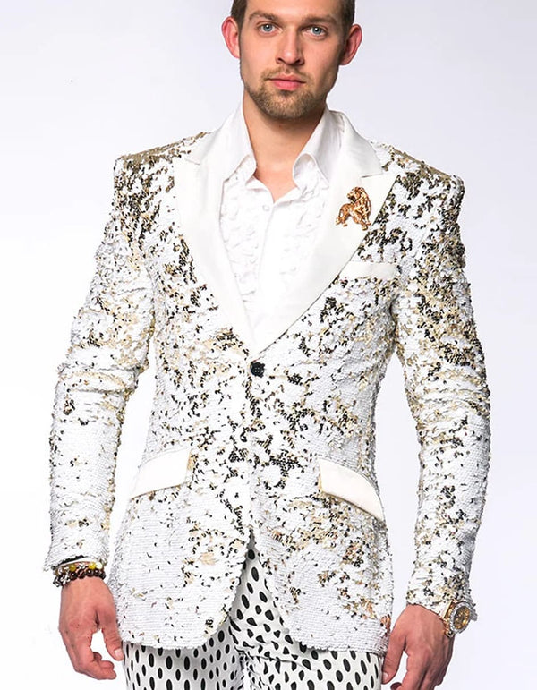 Mens White and Gold Reversible Sequin Prom and Wedding Two Button Blazer