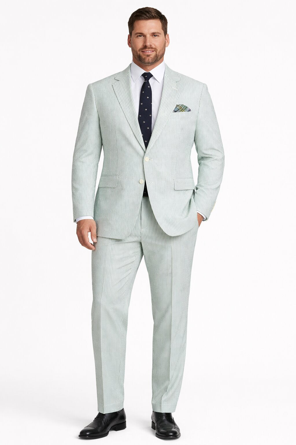 Men’s White and Black Seersucker Suit – Classic Lightweight Striped Summer Suit for Weddings and Formal Events