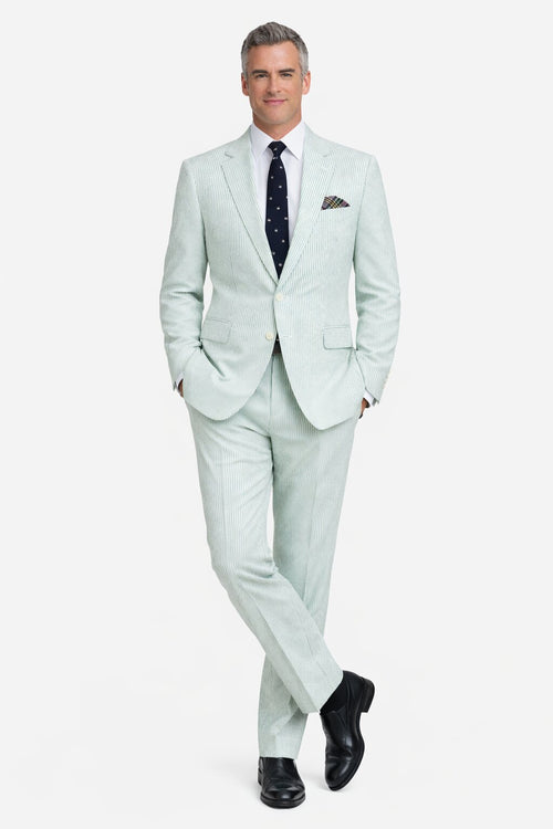 Men’s White and Black Seersucker Suit – Classic Lightweight Striped Summer Suit for Weddings and Formal Events