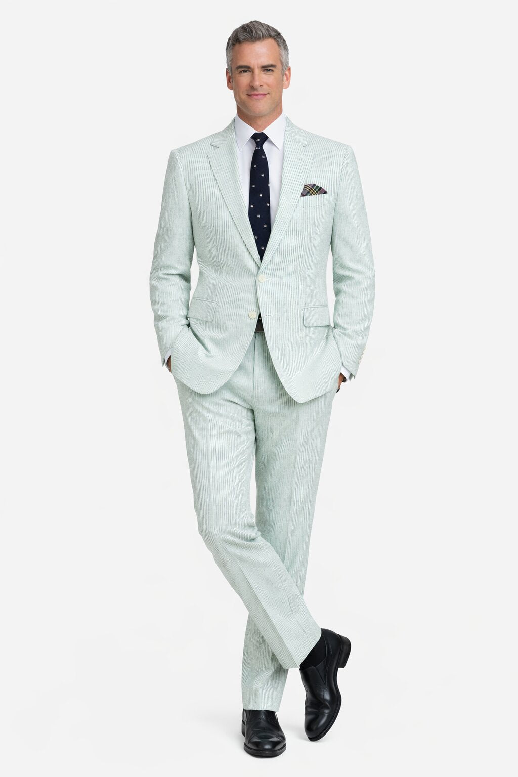Men’s White and Black Seersucker Suit – Classic Lightweight Striped Summer Suit for Weddings and Formal Events